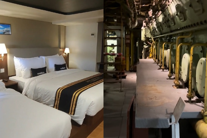 Já o interior mantém elementos históricos, como a casa de máquinas e botes salva-vidas, enquanto os quartos oferecem conforto moderno.