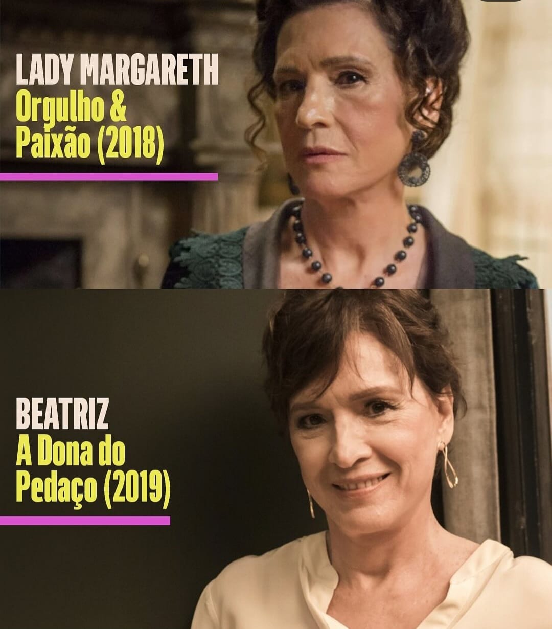 Mais recentemente, interpretou a vilã Lady Margareth Williamson em “Orgulho e Paixão e Beatriz Guedes em A Dona do Pedaço, sua última novela na televisão.
