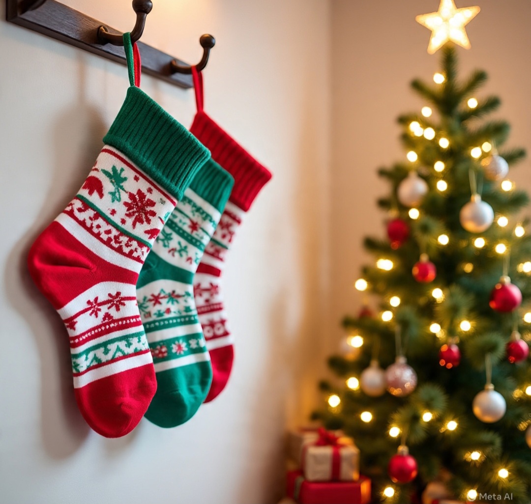 Na tradição natalina, as meias ganharam um simbolismo próprio. Pendurar meias na lareira para receber presentes vem de lendas sobre São Nicolau, que teria deixado moedas de ouro escondidas em meias secando na chaminé