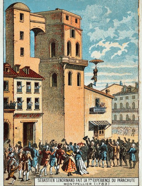 Contudo, foi apenas em 1783 que o francês Louis-Sébastien Lenormand realizou o primeiro salto público com um paraquedas rudimentar, usando dois guarda-chuvas modificados.