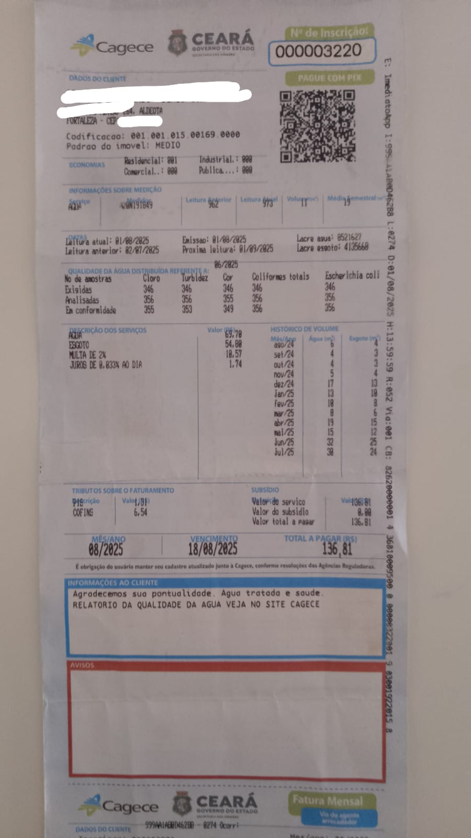 Aumento de quase 10 vezes nas contas de &aacute;gua da fam&iacute;lia ocorreu sem qualquer altera&ccedil;&atilde;o no consumo familiar