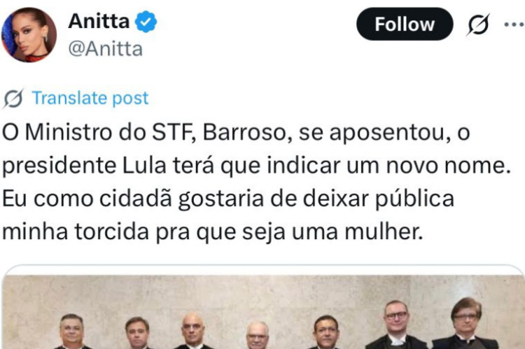 Anitta solicita a Lula a indica&ccedil;&atilde;o de uma mulher ao cargo deixado por Barroso