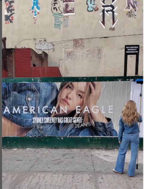 A propaganda faz um trocadilho com as palavras jeans e genes (no inglês, a pronúncia dos termos é similar), destacando que são azuis (a roupa e os olhos da atriz). Muita gente associou esse trocadilho à eugenia, teoria pseudocientífica que defende a  superioridade genética e que, no século 20, influenciou o nazismo.