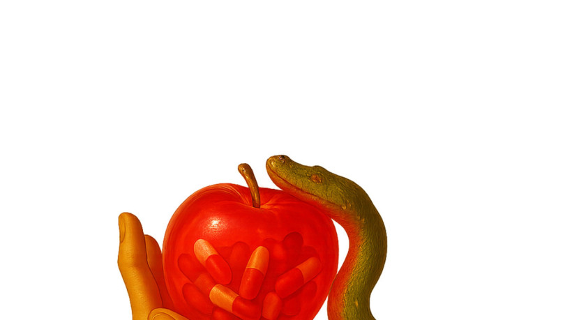 Eva e a maçã de suplementos (Foto: CONCEPÇÃO GIL DICELLI e design ana sá COM SORA)