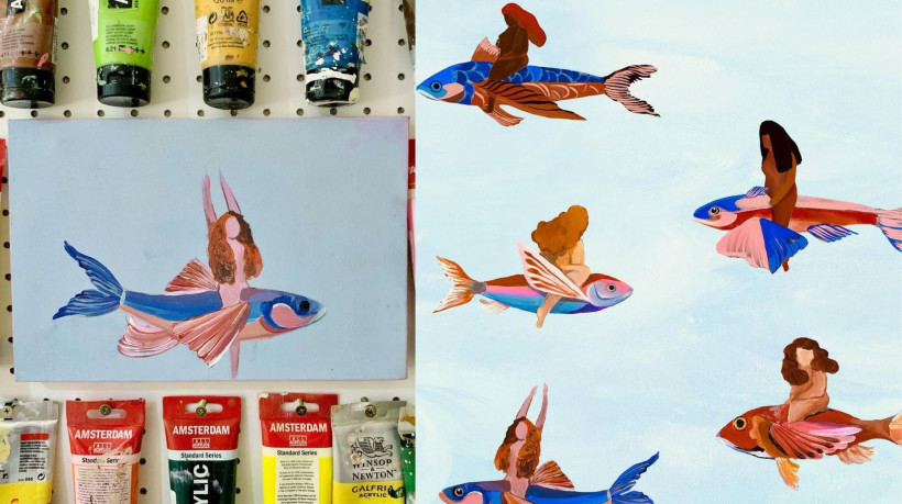 A artista Auxi Silveira começou a colaborar com a marca Farm Rio desenvolvendo painéis; foram mais de dez criados para as lojas espalhadas pelo Brasil