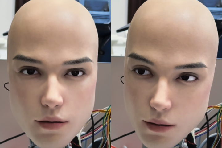 O robô conta com câmeras acopladas nas pupilas para observar o ambientem, além de 25 micro-motores para reproduzir expressões faciais sutis. 