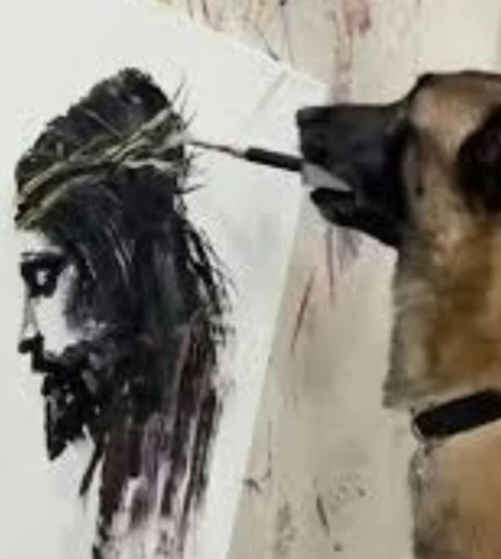 O cão de seis anos se chama Monkey e seu trabalho que mostra a face de Jesus causou espanto e emoção. Quem vê a tela imagina que alguém pelo menos deu começo às pinceladas. E o cachorro fez uma ou outra.