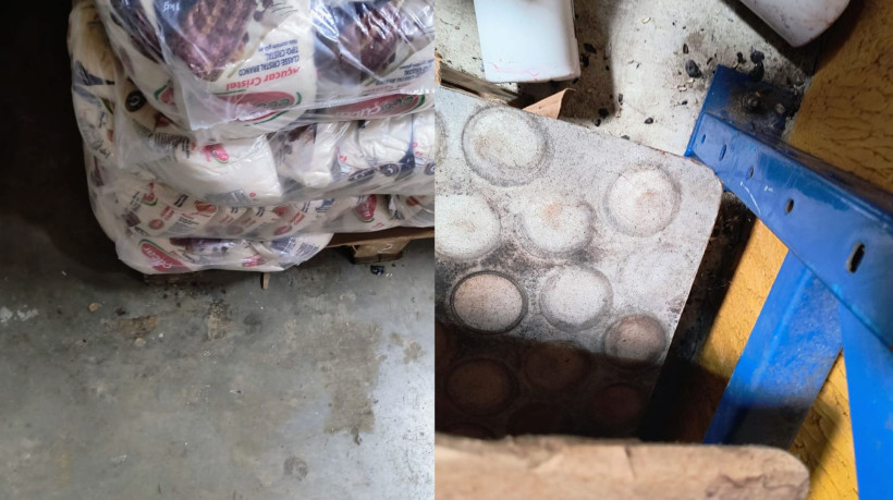 Imagens comprovam danos nas embalagens dos produtos expostos no supermercado, além de fezes de roedores