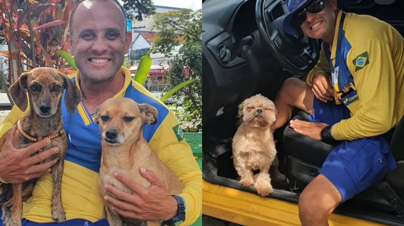 Com calma e empatia, o carteiro Angelo se aproxima dos pets sem sustos, conversa com eles e conquista sua confiança.