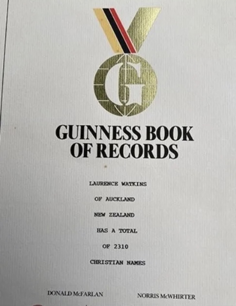 O mais irônico é que nem mesmo o Guinness Book conseguiu registrar seu nome completo. Apenas o nome original aparece no certificado, seguido da frase: Laurence Watkins, de Auckland, tem o total de 2.310 nomes.
