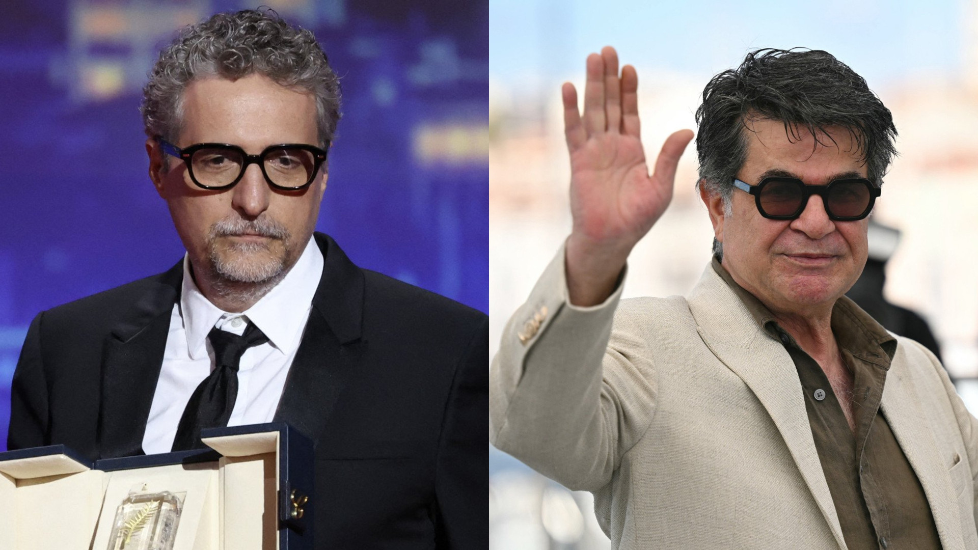 Montagem: Kleber Mendonça Filho e Jafar Panahi em momentos diferentes do 78º Festival de Cannes (Foto: Sameer AL-DOUMY/AFP e BERTRAND GUAY/AFP)