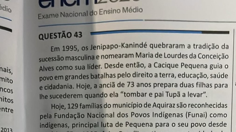 Enem 2025: questão citou liderança indígena do Ceará, Cacique Pequena, no primeiro dia de provas