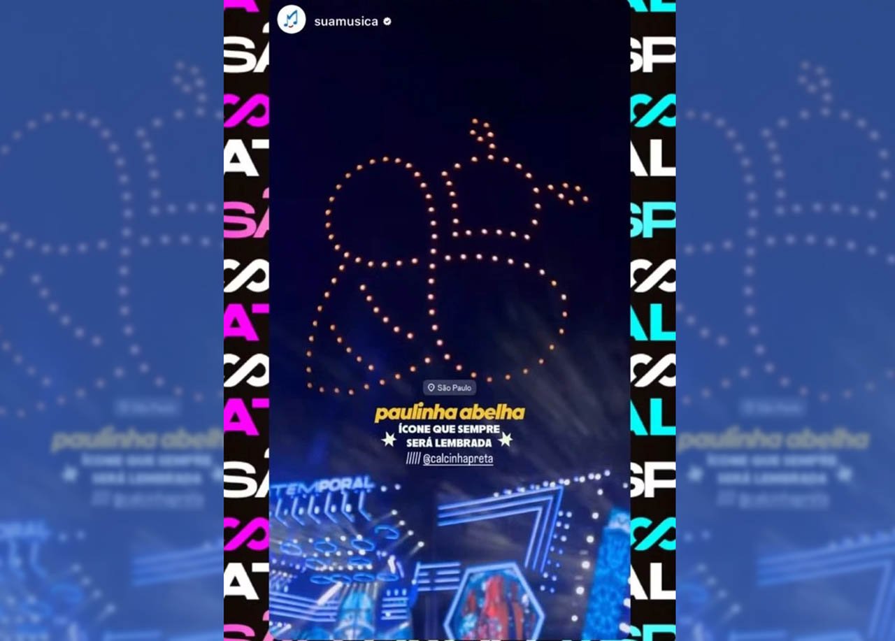 O momento mais emocionante foi a homenagem a Paulinha. Um show de drones formou o rosto da cantora e o símbolo de uma abelha no céu, enquanto a banda cantava sucessos como Louca Por Ti e Paulinha, eternizados por sua voz.