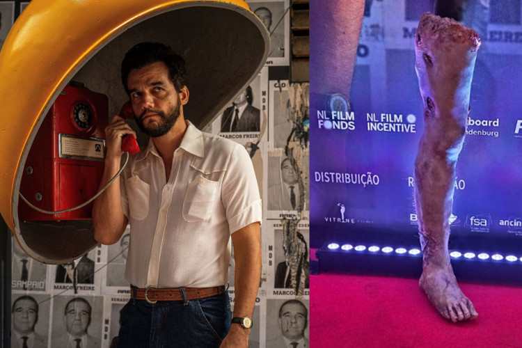 Wagner Moura em "O Agente Secreto" ao lado da prótese utilizada no filme