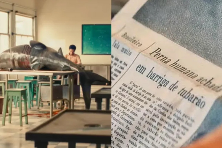 Perna Cabeluda é apresentada dentro de um tubarão e em seguida retorna como lenda nos jornais apresentados no filme