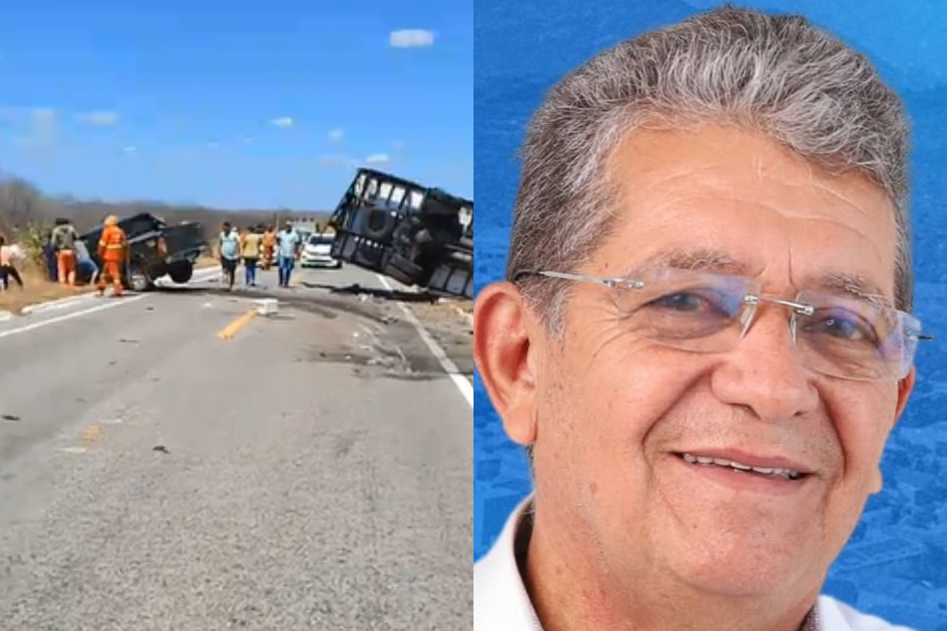 Pedro Calisto da Silva, ex-prefeito de Tamboril, morreu em acidente na CE-187 na tarde dessa quinta-feira, 13 (Foto: Reprodução/ leitor via WhatsApp O POVO e arquivo pessoal)