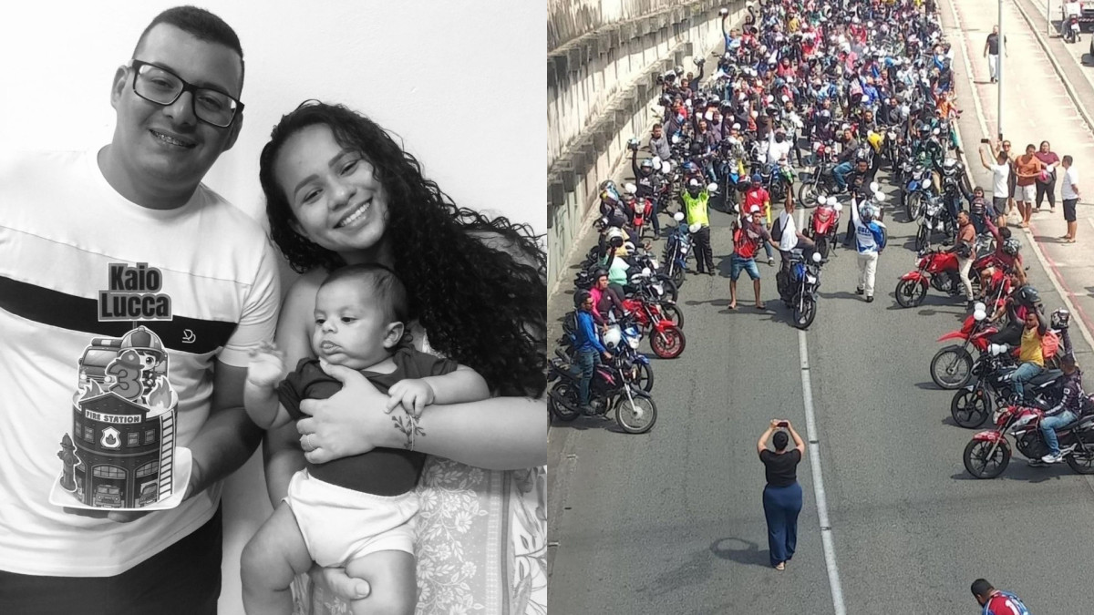 Motociclistas de aplicativo se mobilizaram em protesto após morte de Lucas Alencar em acidente de trânsito. Ele deixa a esposa, Ana Luiza, e um filho de 3 meses