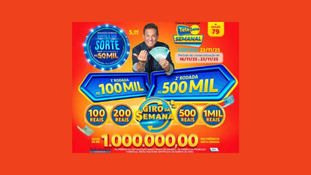 79º sorteio da Tele Sena Semanal de domingo, 23 de novembro (23/11), tem mais de R$ 1 milhão em prêmios