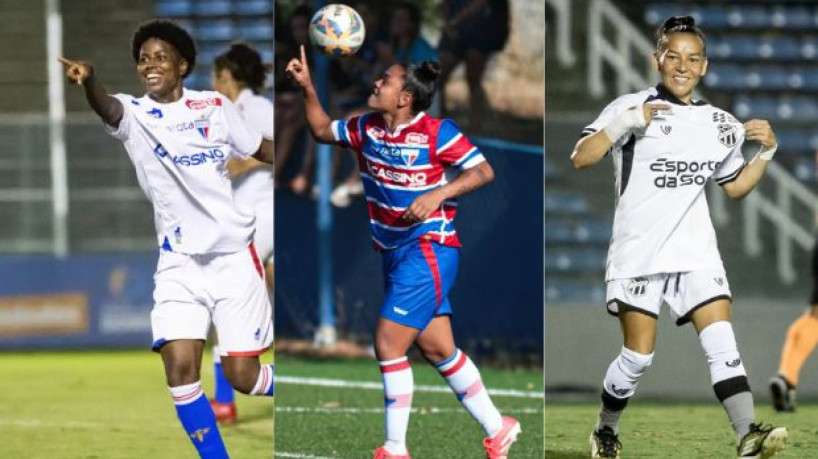 Da esquerda para a direita: Tainá, Eduarda Balbino e Paulinha brigam pela artilharia do Campeonato Cearense Feminino.  