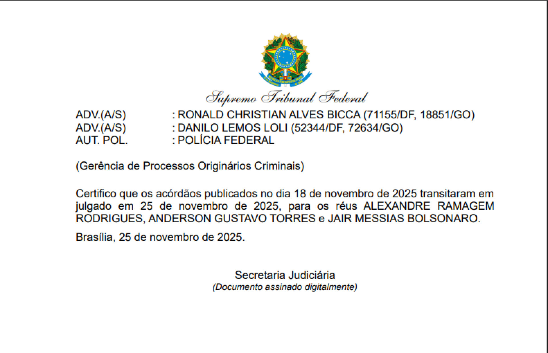Moraes decretou trânsito em julgado para Bolsonaro, Torres e Ramagem