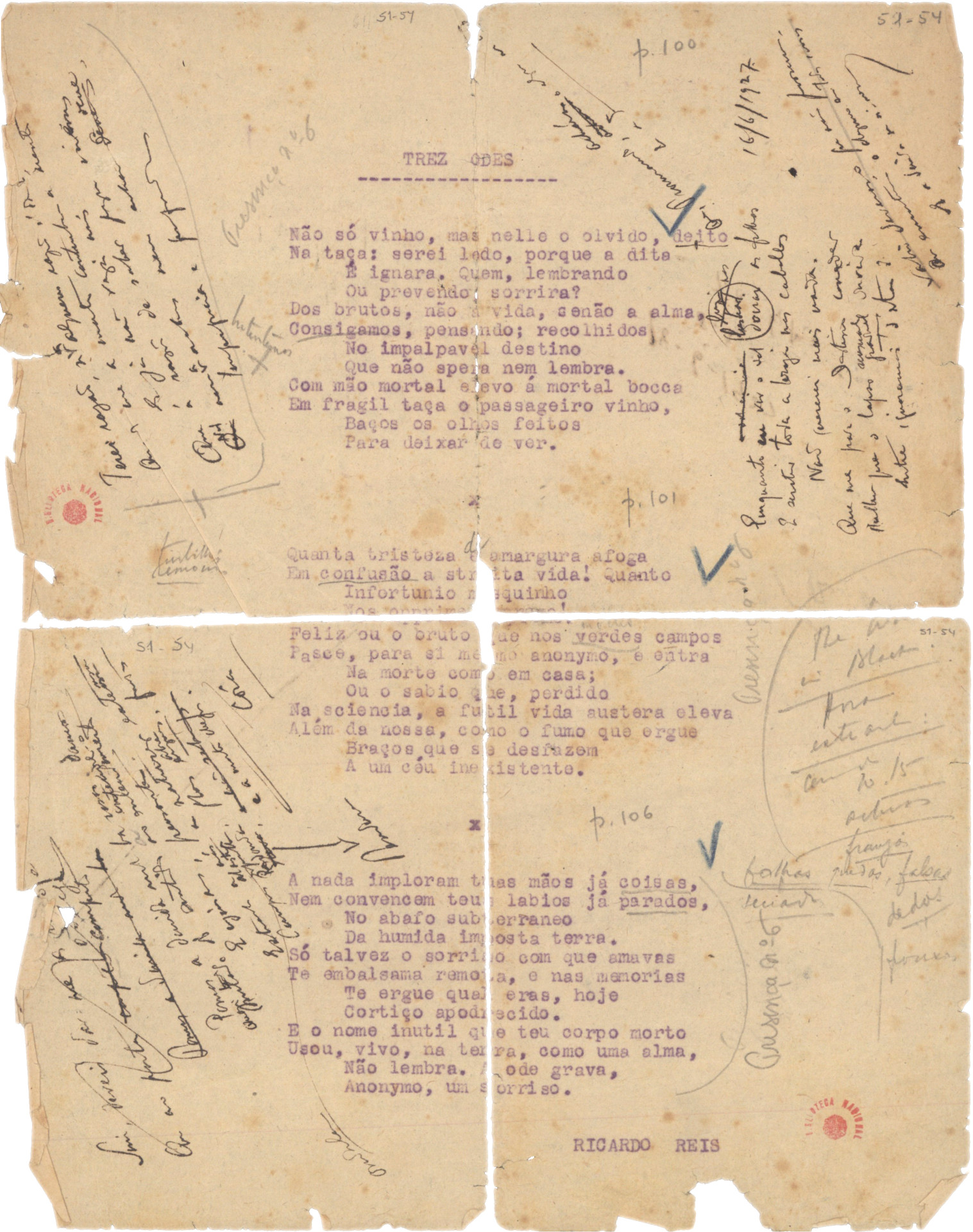Manuscritos de Ricardo Reis, heterônimo de Fernando Pessoa (Foto: Arquivo pessoal)