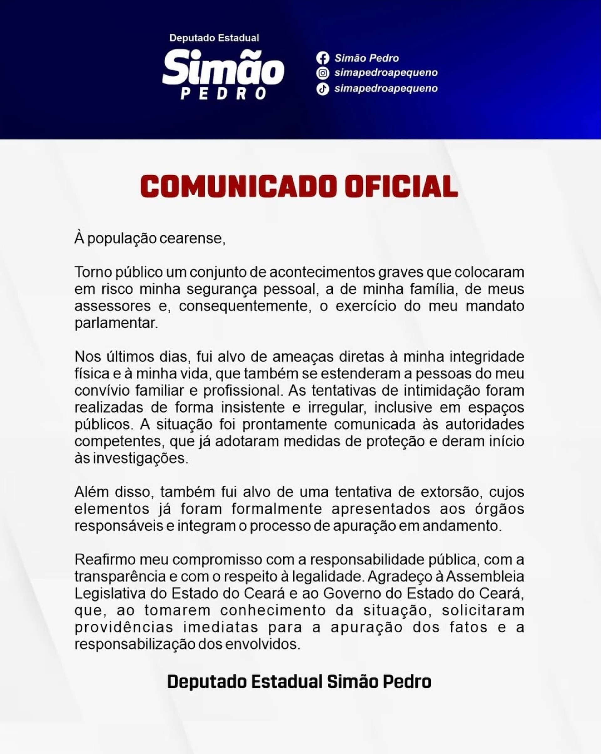 Comunicado oficial divulgado no Instagram do deputado federal Simão Pedro (PSD)