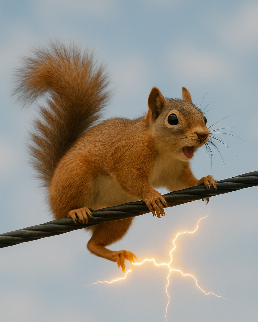 No entanto, quando o esquilo toca dois fios diferentes ao mesmo tempo (com voltagens distintas) ou um fio e alguma parte metálica aterrada do transformador, ele fecha o circuito e leva um choque fatal — o que, de fato, acontece com frequência e causa apagões.