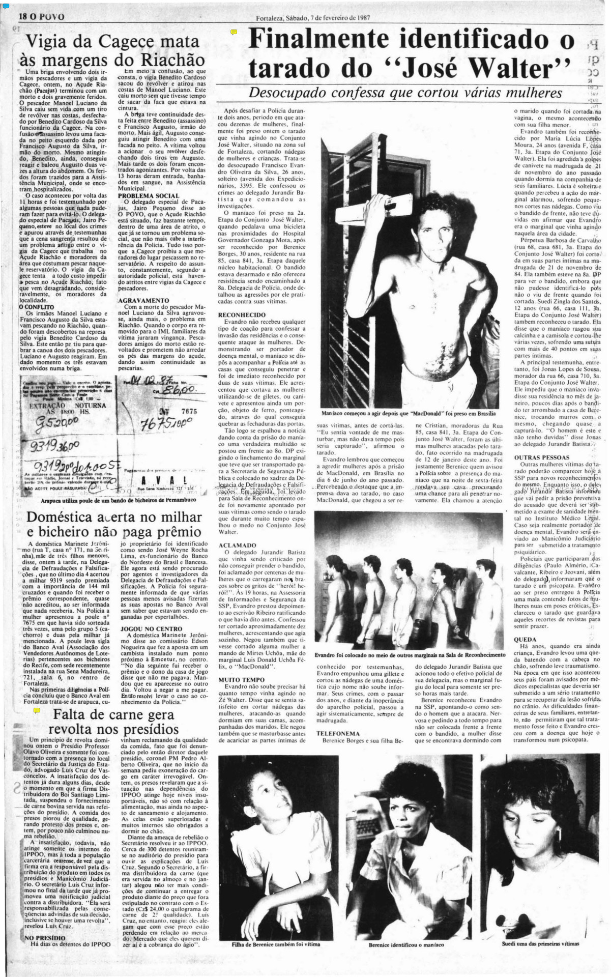 A reportagem do O POVO, em 7 de fevereiro de 1987, após a prisão do Corta-Bundas do José Walter.