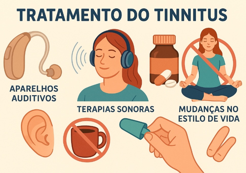 O tratamento depende da causa e pode envolver o uso de aparelhos auditivos, terapias sonoras, medicamentos ou mudanÃ§as no estilo de vida, como evitar cafeÃ­na, reduzir o estresse e proteger os ouvidos contra sons intensos.