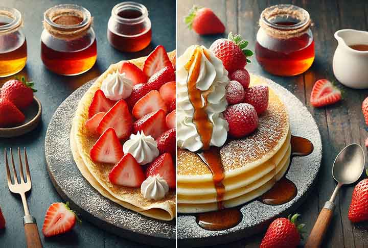 A diferença entre panqueca e crepe está principalmente na textura, espessura e ingredientes da massa, além do modo de preparo. Veja só.
