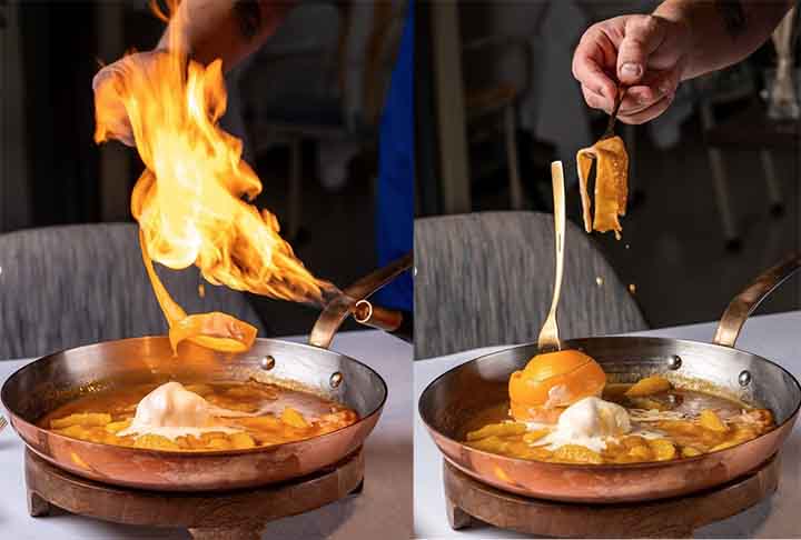 O Crepe Suzette é um prato clássico, criado acidentalmente no final do século XIX, famoso por seu molho de laranja e licor flambado. Sua apresentação teatral, com fogo e flambagem à mesa, adiciona um toque de glamour à refeição. A combinação do doce cítrico com o crepe fino é uma experiência culinária única.