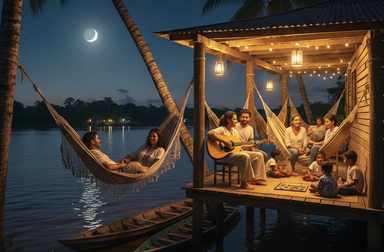 Em comunidades ribeirinhas, a rede tem função que vai além de um objeto de descanso: é parte da vida social, usada para dormir, conversar e até receber visitas, reforçando laços comunitários.