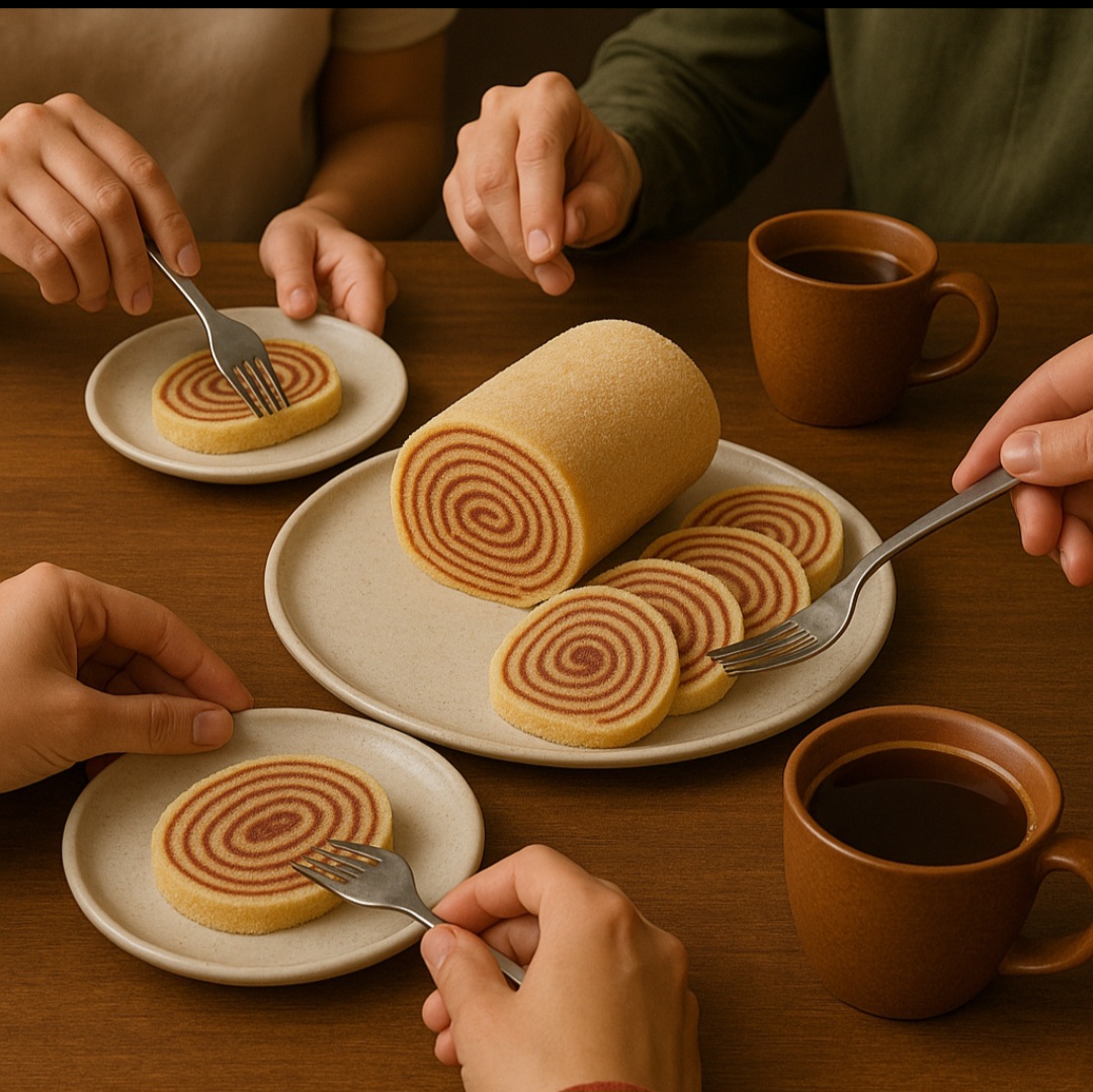 Além do sabor, o bolo de rolo encanta pela estética: o corte revela espirais simétricas de massa e recheio, valorizando tanto a técnica quanto o visual.