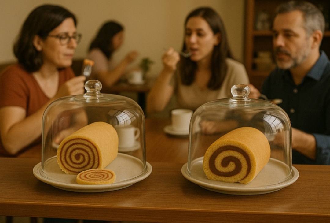 O bolo de rolo tem camadas finíssimas de massa e múltiplas voltas com recheio delicado, enquanto o rocambole tradicional tem massa mais espessa e apenas uma volta, com recheios variados como doce de leite, chocolate ou até salgados.