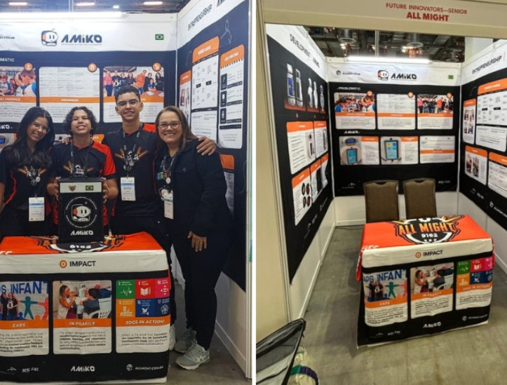 Da esquerda para a direita, os integrantes Ana Larissa Abreu, Niord Pereira e João Antônio de Macedo, e uma orientadora da equipe All Might