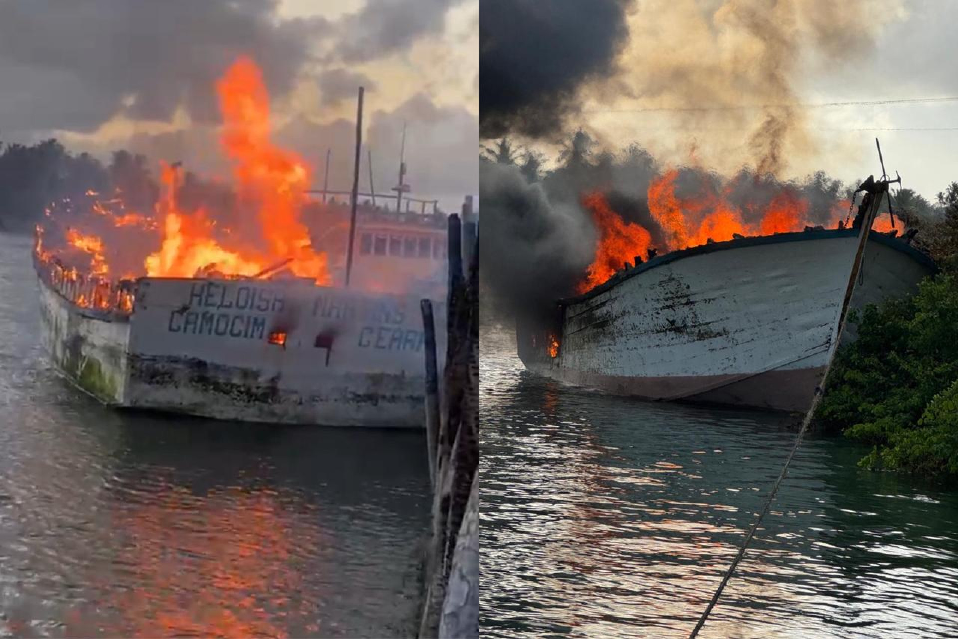 Embarcação foi incendiada na madrugada de segunda-feira, 8  (Foto: Reprodução/Leitor Via WhatsApp O POVO)