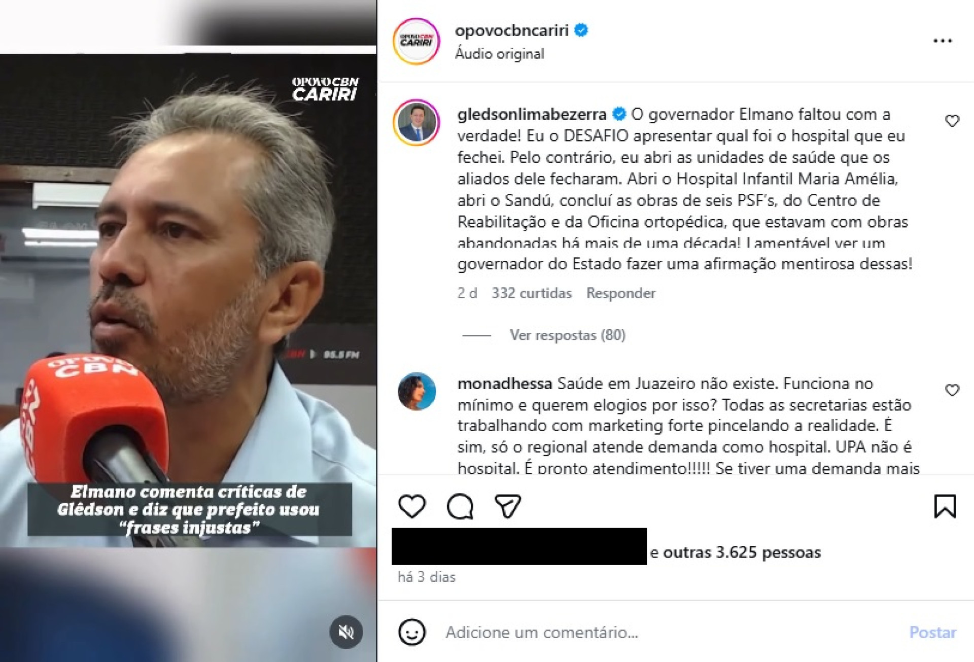 Gl&ecirc;dson rebate Elmano com coment&aacute;rio em rede social