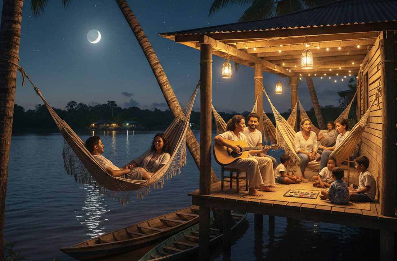 Em comunidades ribeirinhas, a rede tem função que vai além de um objeto de descanso: é parte da vida social, usada para dormir, conversar e até receber visitas, reforçando laços comunitários.