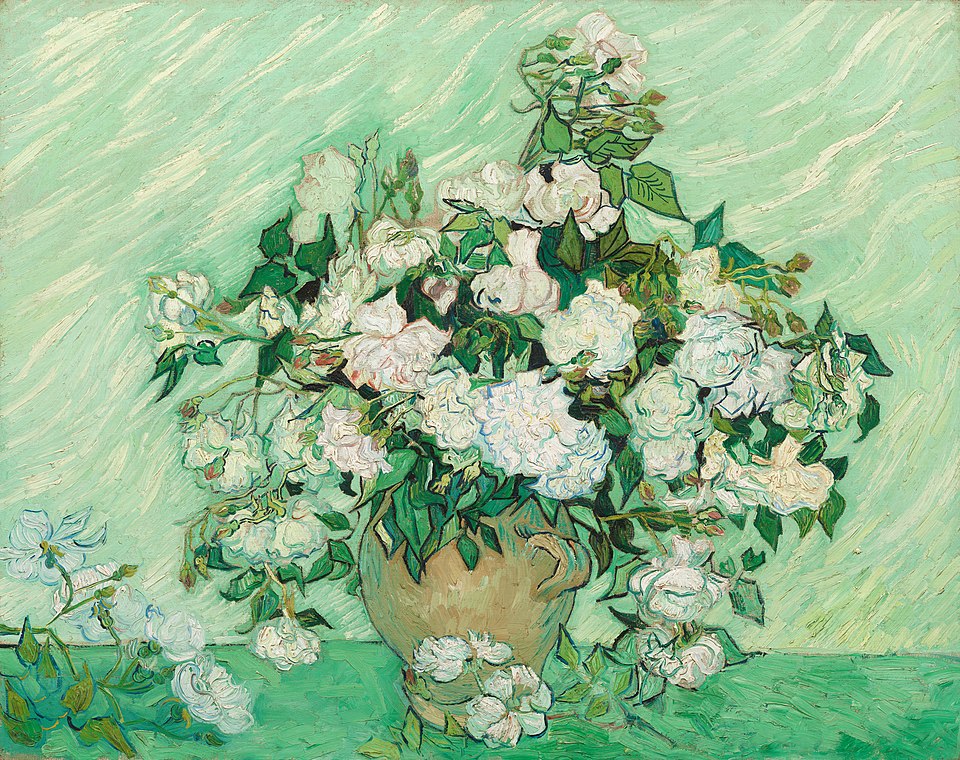 Várias obras de arte retratam rosas. Um exemplo famoso é “Roses”. Feita por Vincent van Gogh em 1890, é uma tela a óleo que mostra um ramo de rosas brancas em um vaso.