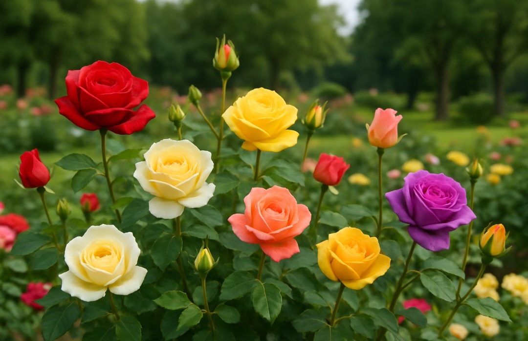 As cores da rosa também são um espetáculo à parte. Vermelhas, amarelas, brancas, cor-de-rosa, alaranjadas, roxas e até azuis, criadas por manipulação genética, encantam jardins e buquês.