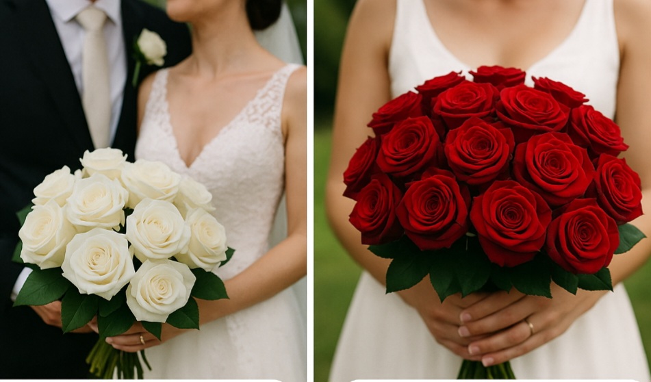 No casamento, as rosas brancas são presença constante, simbolizando a união pura e sincera. Já as vermelhas dominam os buquês de apaixonados.