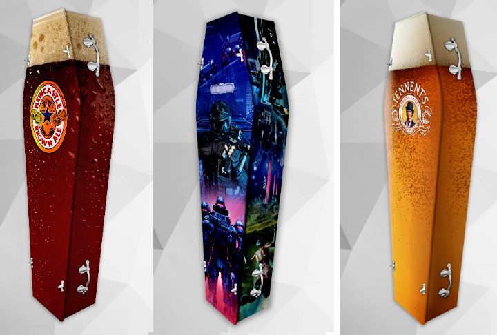 Para quem gosta de um chope e não quer abrir mão nem mesmo na hora do adeus, os caixões têm até o colarinho da cerveja. 