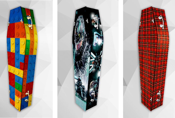 O caixão Lego parece desmontável, mas é seguro. Uma das estampas mais criativas, dentre várias opções para as famílias. 