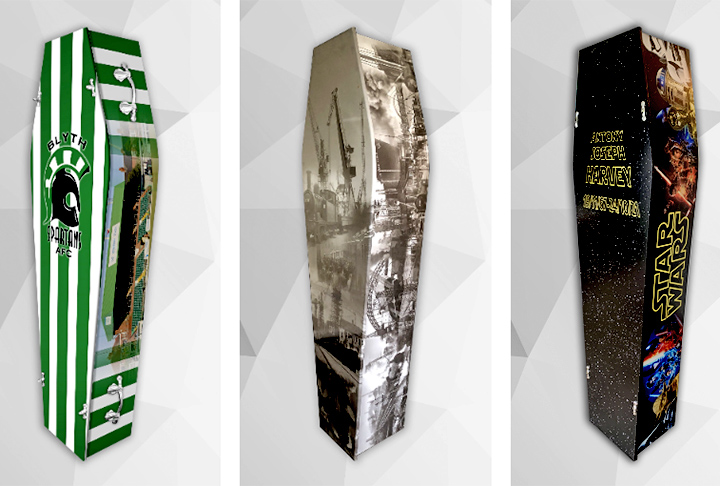 Aqui, destacam-se os caixões do time de futebol Blyth Spartans e da saga de cinema Star Wars (Guerra nas Estrelas). Na medida para os torcedores e fãs. 