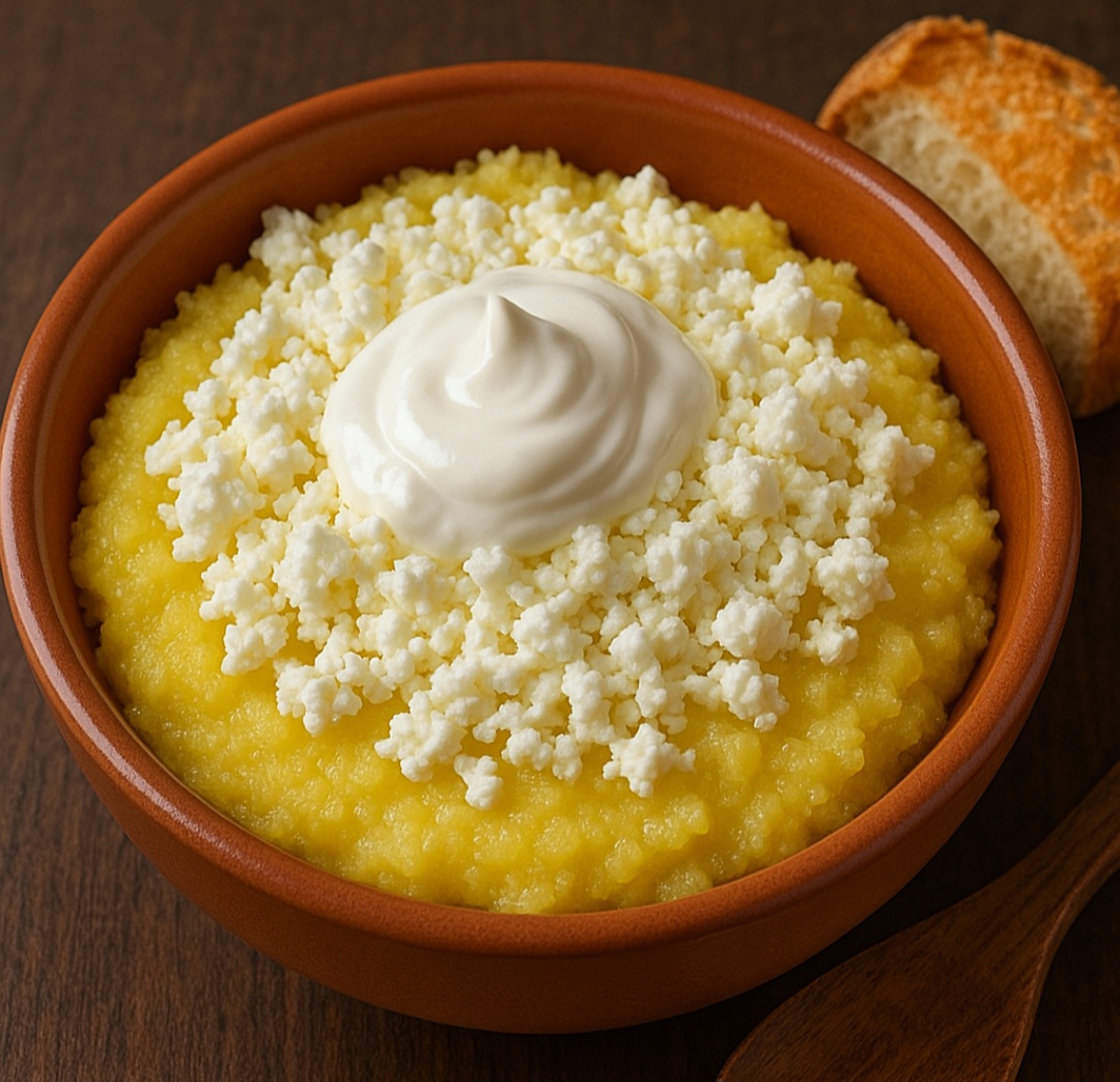 4º lugar: Taci şi înghite (Romênia) – nome curioso (“coma e engula”), tradicional nas festas locais. Variação da mămăligă (polenta de milho). Ele costuma levar fubá de milho, queijo branco  esfarelado e Smântână (creme de leite azedo típico da culinária romena).
