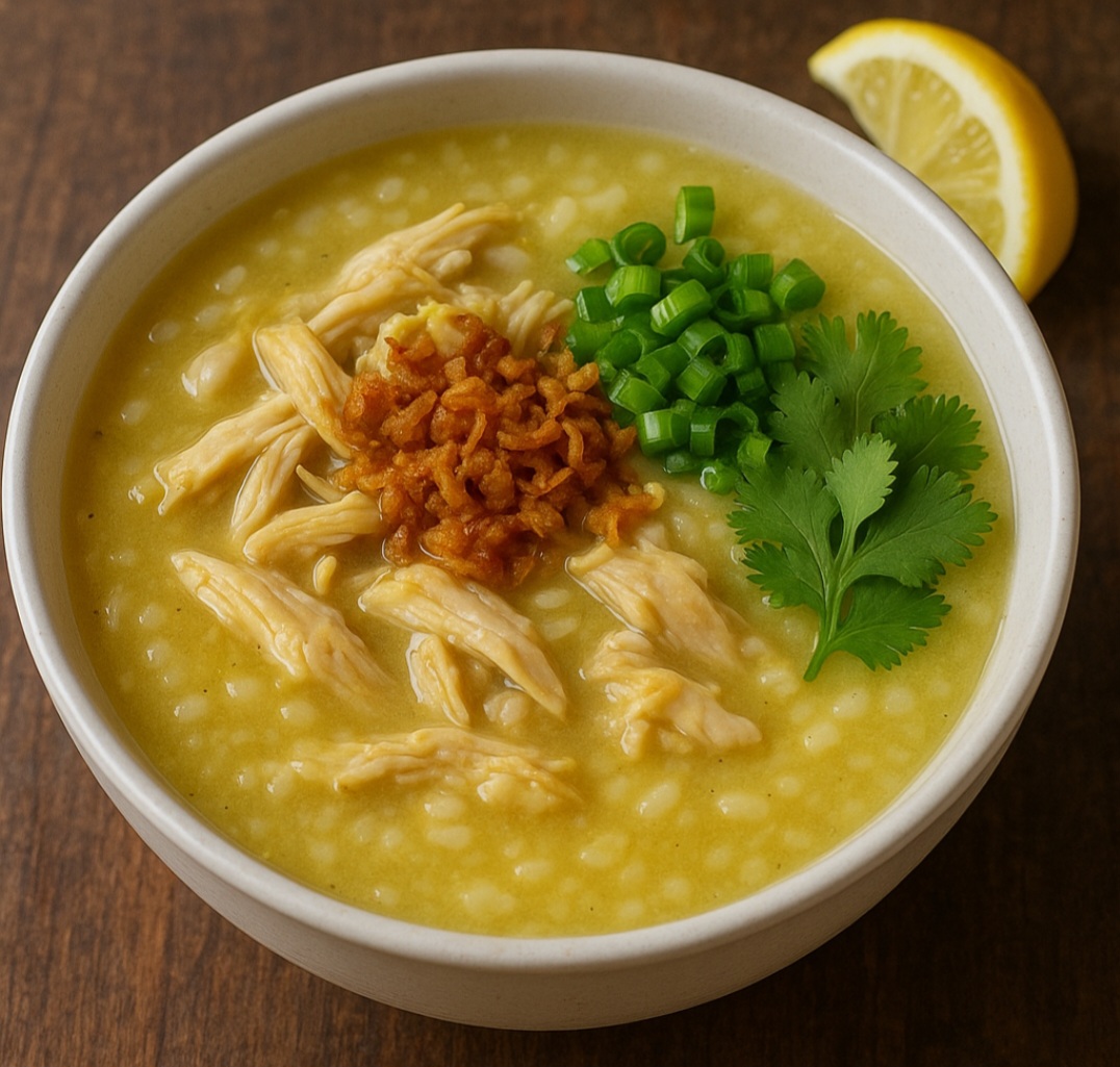 2º lugar: Arroz caldo (Filipinas) – caldo de arroz com frango, gengibre e alho, alimento consumido nacionalmente com tradição.