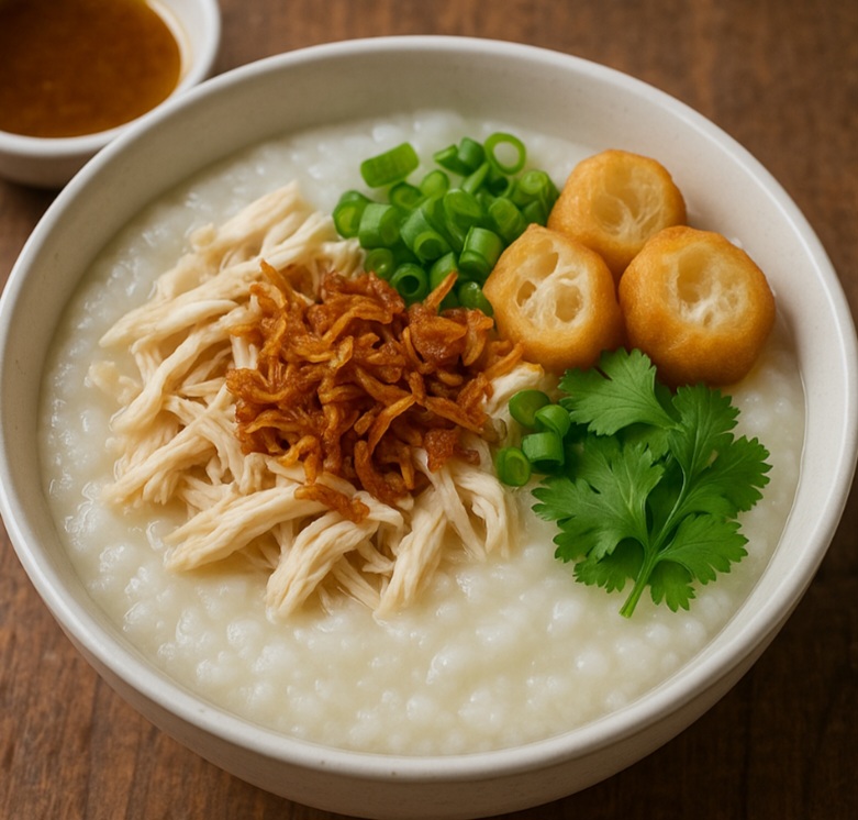 1º lugar:  Bubur ayam (Sudeste Asiático) – mingau de arroz com frango desfiado, café da manhã popular e reconfortante.