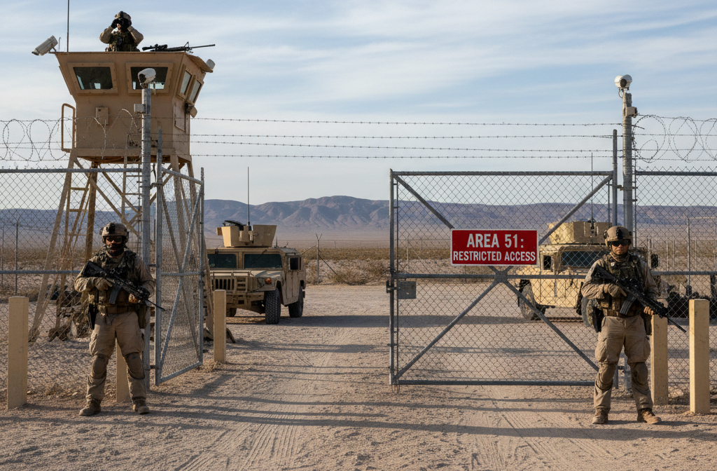 A segurança da Área 51 é considerada uma das mais rigorosas do mundo. Guardas armados patrulham constantemente os arredores, e sensores detectam qualquer intrusão. Fotografar ou se aproximar demais pode resultar em prisão imediata. Essa vigilância extrema mantém o local inacessível ao público.



