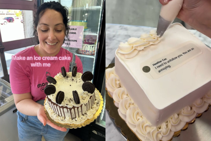 A empreendedora usa comentários hostis recebidos online como inspiração para criar bolos decorados.