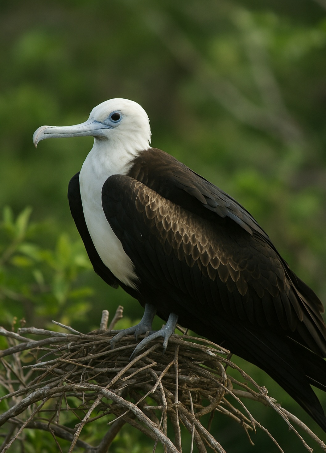 Além do papo vermelho, os machos têm penas negras com brilho metálico e longas asas arqueadas. Já as fêmeas são maiores, têm peito branco e um anel azul ao redor dos olhos. Os jovens possuem plumagem marrom e cabeça clara